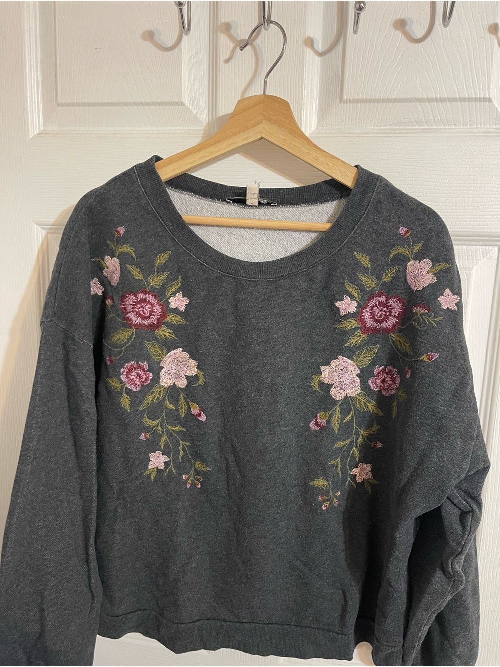 Express grey Sweatshirt with Pink & Burgundy Floral Embroidery